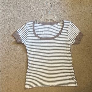 Banana Republic White and Taupe Striped Short Sleeve Tee